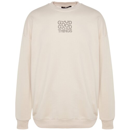 Trendyol Beige Men's Oversized Letter Printed Cotton Sweatshirt Slike
