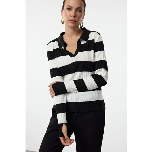 Trendyol Black Striped Sleeve Detailed Polo Neck Knitwear Sweater