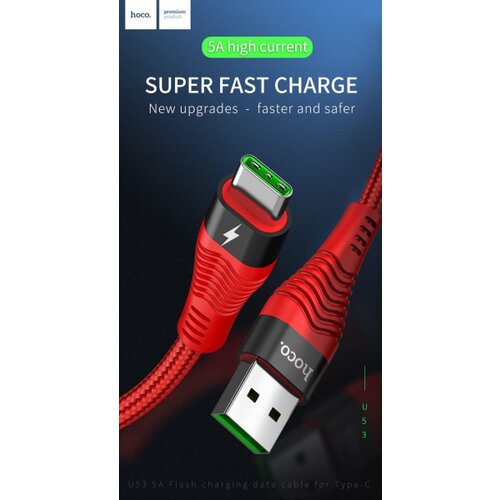 Hoco. podatkovni kabel U53 Flash Type C 1,2m QC 5A pleten rdeč Slike