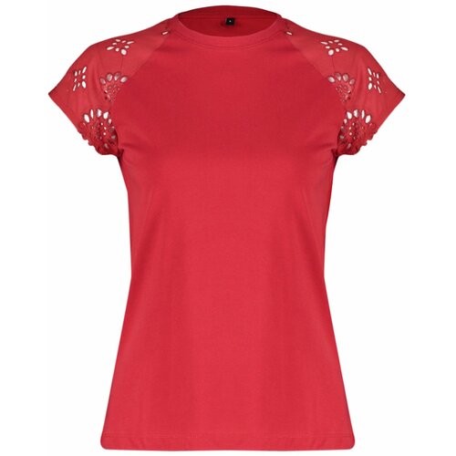 Trendyol Red Regular/Normal Fit Brode Detail Raglan Sleeve Knitted T-Shirt Cene