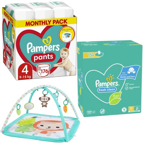 Pampers Pelene Pants 4, Monthly, 9-15kg, 176/1+ Vlažne maramice Fresh clean, 15x80 komada+Bright Starts Podloga za bebe Safari, 20 melodija, Tirkizna Cene