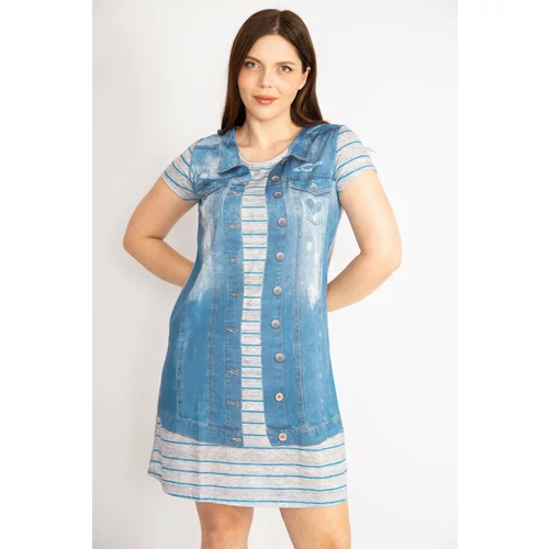 Şans Women's Blue Plus Size Print Detailed Dress