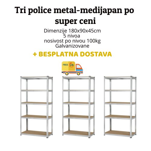 Medacom Tri police po super ceni metal-medijapan 180x90x45cm, 5x100kg Slike