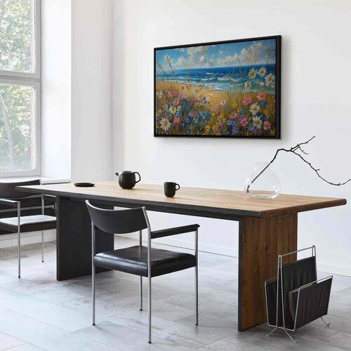  Slika - Seascape &amp;ndash; wildflowers and a view of the rough sea 90x60 U crnom drvenom okviru Slike