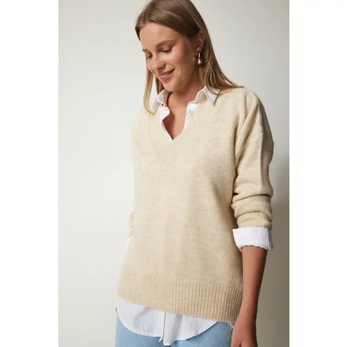 Happiness İstanbul Women's Beige V-Neck Oversize Knitwear Sweater