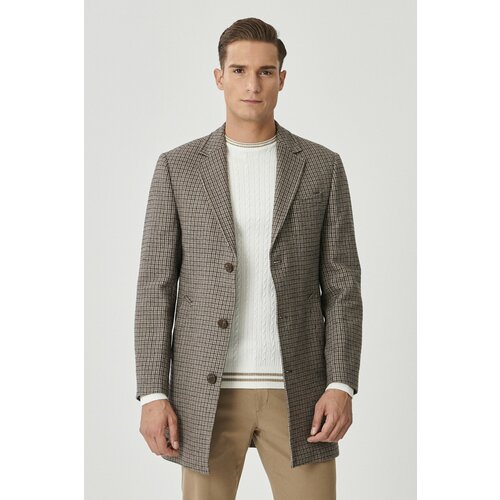Altinyildiz classics Men's Brown Standard Fit Mono Collar Cold Proof Special Fabric Woolen Plaid Stash Coat Slike