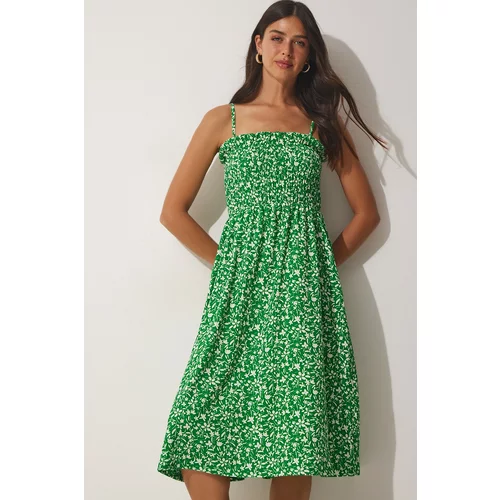 Happiness İstanbul Women's Green Viscose Summer Dress with Straps and Flowers
