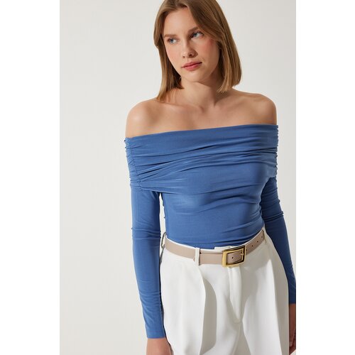  Women's Indigo Blue Off-the-Shoulder Shirring Detailed Blouse Cene