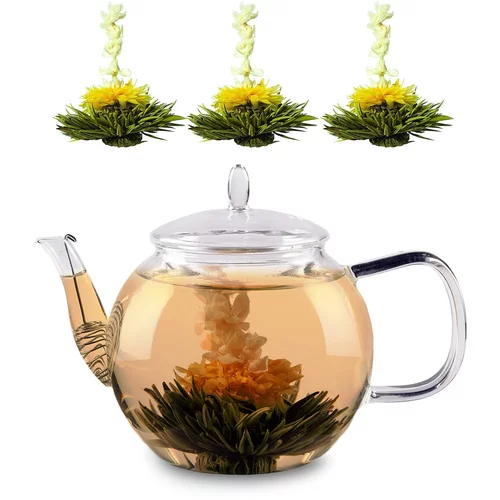 Feelino Stakleni čajnik, 1300 ml, borosilikatno staklo, sa čepom, cjedilom za čaj i cvjetovima za čaj
