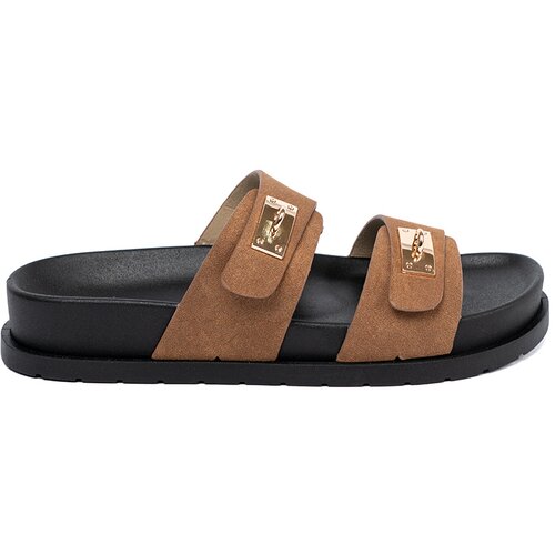 Shelvt Women&amp;#039;s tan flip-flops with gold inserts Slike