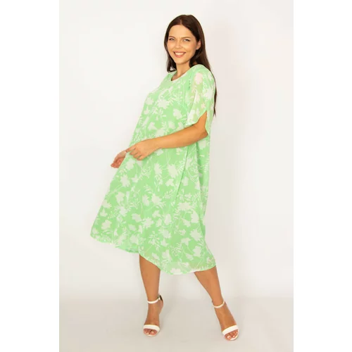 Şans Women's Plus Size Green Lined Slit Sleeve Chiffon Dress