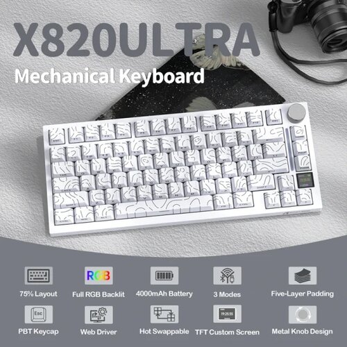 Attack Shark bežična gaming tastatur X820Ultra mehanička/trimode/tft screen/gasket/white countur Slike