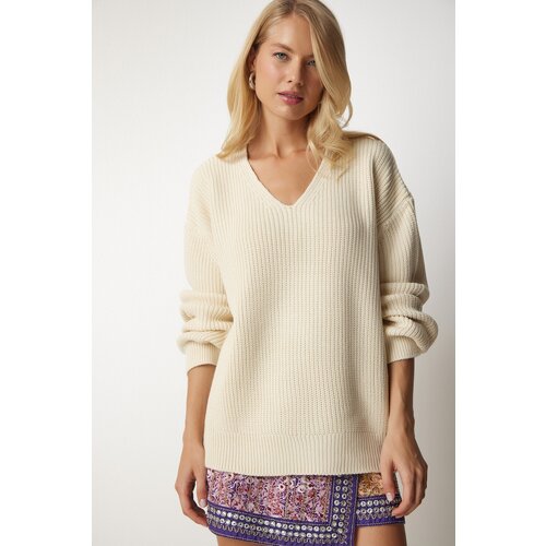  Women's Cream V-Neck Oversize Basic Knitwear Sweater Cijene