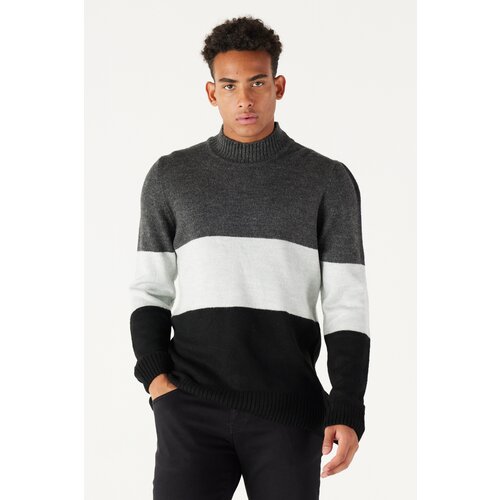 AC&Co / Altınyıldız Classics Men's Anthracite-black Standard Fit Regular Cut Half Turtleneck Striped Knitwear Sweater. Slike
