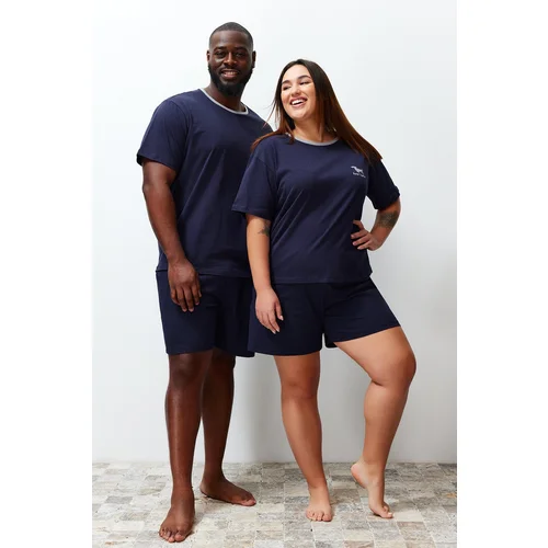 Trendyol Navy Blue Regular Fit Embroidered Couple Knitted Plus Size Pajamas Set