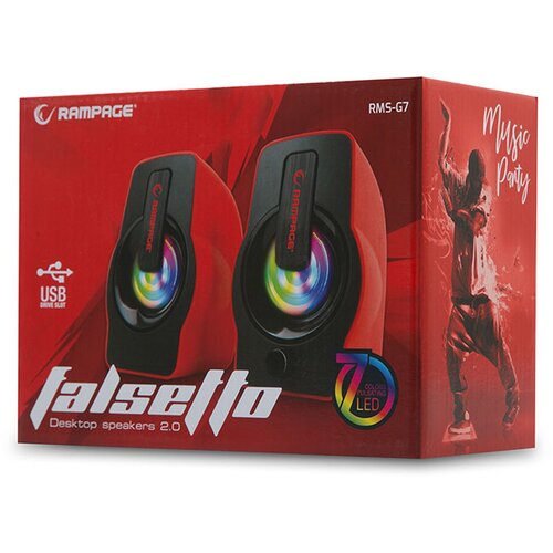 Rampage Zvučnici 2.0 gaming RAMPAGE RMS-G7 FALSETTO, 6W, RGB LED red, 3,5mm + USB napajanje Cijene