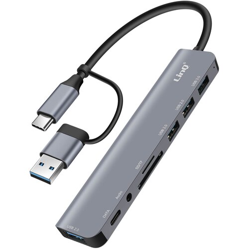 LINQ USB Hub Podpora OTG 5 Gbps SD / TF Card Reader in Audio Jack 3,5 mm, Siva, (5000063523) Cene