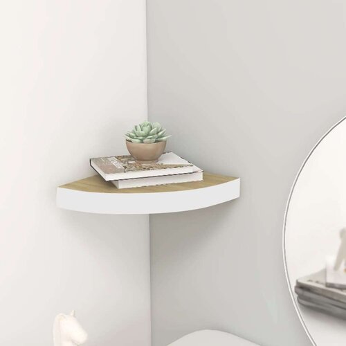 vidaXL Kotna stenska polica barva hrasta in bela 25x25x3,8 cm MDF Cene
