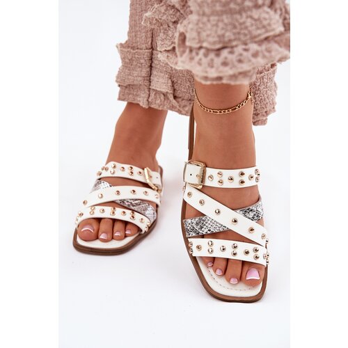 Boto Embellished women's flip flops on flat heel with straps and buckle white Manitte Cene