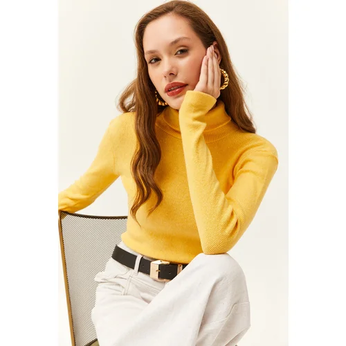 Olalook Women's Yellow Turtleneck Finger Detailed Lycra Blouse