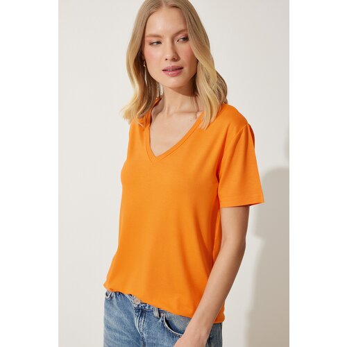 Women's orange v-neck basic viscose knitted t-shirt Slike