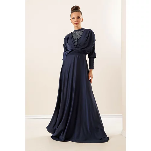 By Saygı Navy Blue Satin Long Dress with Pleated Sleeves, Button Detailed Lined