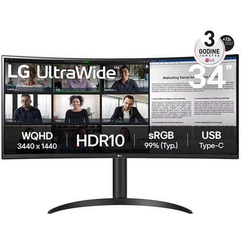LG Monitor 34 34WR55QK-B UltraWide ukrivljen, VA, 3440x1440, 2x HDMI, DP, USB C - - črna - 809 x 568.3 x 260 mm (Up) 809 x 458.3 x 260 mm - 6,9 kg - HDR10 - 36 - Avtera - F Cene