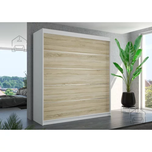 ADRK Furniture Garderobna omara z drsnimi vrati Esteva - 200 cm - bela/sonoma hrast