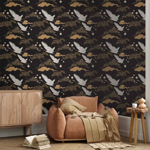  Tapeta - Oriental impressions - decorative pattern with a motif of flying cranes on a dark background 50x1000 Standard Cene