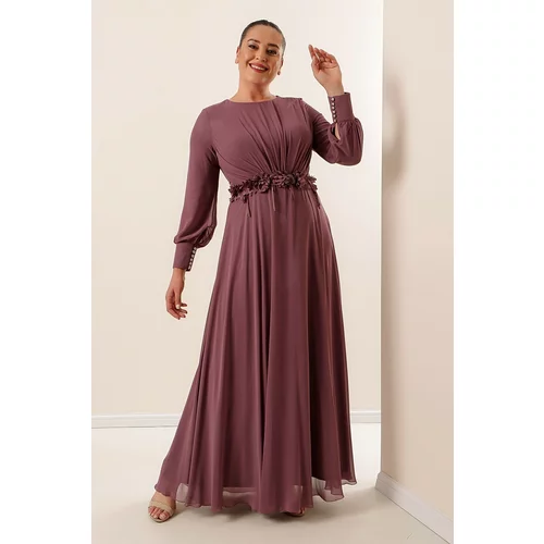 By Saygı Lined Long Chiffon Dress with Floral Detail Wide Sizes Dark Indigo.