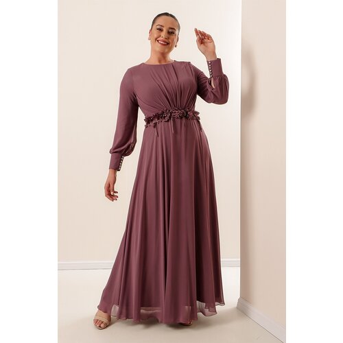 By Saygı Lined Long Chiffon Dress with Floral Detail Wide Sizes Dark Indigo. Slike