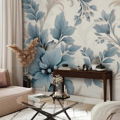  Foto tapeta - Turquoise Flowers in Retro Ambience - Floristic Ornaments 350x256 Cene