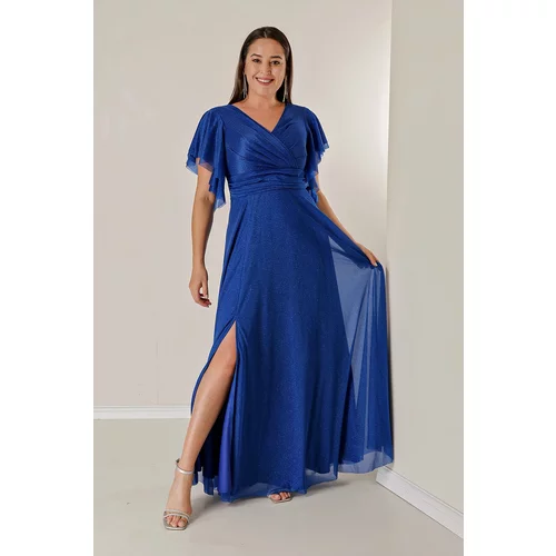 By Saygı Plus-size, long lurex dress with a double-breasted collar and draped, lined sleeves with flutter slits.