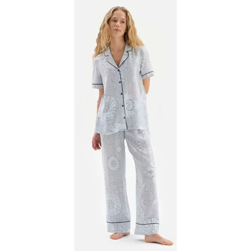 Dagi Blue Shirt Collar Tile Pattern Viscose Woven Pajamas Set