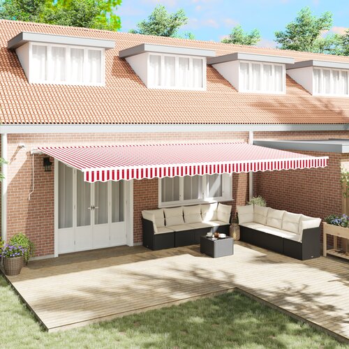 VidaXL Automatska uvlačiva tenda s LED crvenom i bijelom prugom 600x300 cm Slike