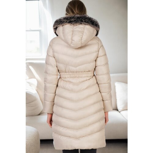 Dewberry Z6690 FUR HOODED LADIES' COAT-BEIGE-1 Cene
