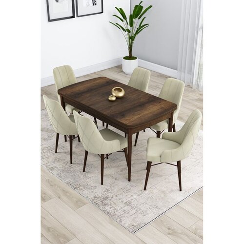 Hanah home trpezarijski set Kar, sto na razvlačenje i 6 stolica, ploča u dekoru drveta Baroque, krem tkanina Babyface Cene