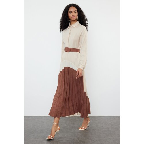 Trendyol Brown Color Block Woven Shirt Dress Slike