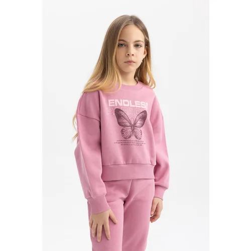 Defacto Girl's Relax Fit Crew Neck Printed Thick Sweatshirt