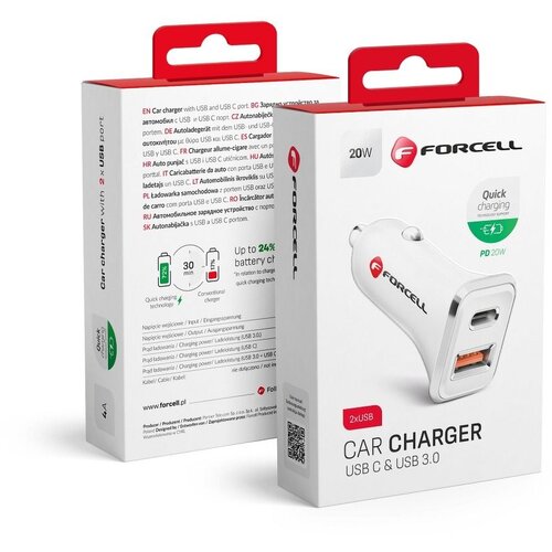 Forcell auto punjač USB 3.0 + USB C Quick Charging + Power Delivery PD20W 4A CC-QCPD01 bijeli Slike