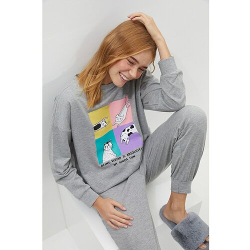 Trendyol Gray Printed Knitted Pajamas Set Slike
