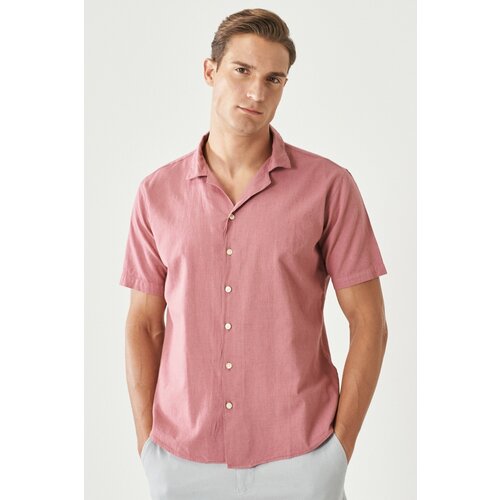 ALTINYILDIZ CLASSICS Men's Burgundy Comfort Fit Relaxed Fit Mono Collar Short Sleeve Plain Linen Shirt Cene