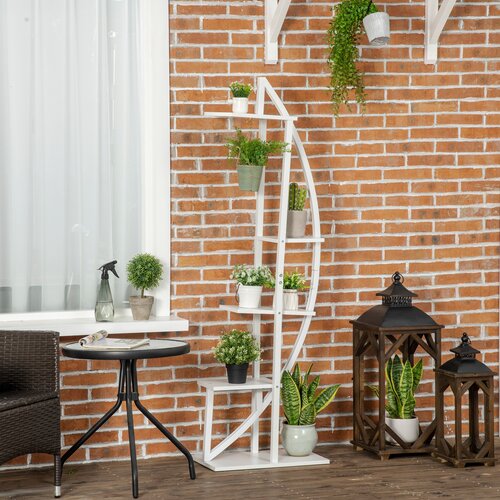 Outsunny 5-stopenjsko stojalo za rože iz MDF in jekla, 50x30x160cm, belo, na 5 ravneh, notranje in zunanje, polmesec, (20708476) Slike