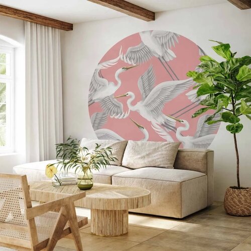  Okrugla fototapeta - Pastel birds – a delicate pattern of white and grey herons on a light pink background 280x280 Cene