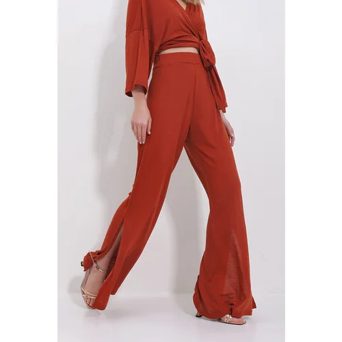 Trend Alaçatı Stili Women's Tile Slit Wide Cut Trousers