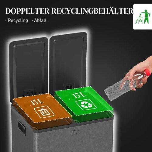  2 x 15 L dvostruke kante za otpad otvaranje na pedalu lako se čiste nehrđajući čelik plastika crna Slike