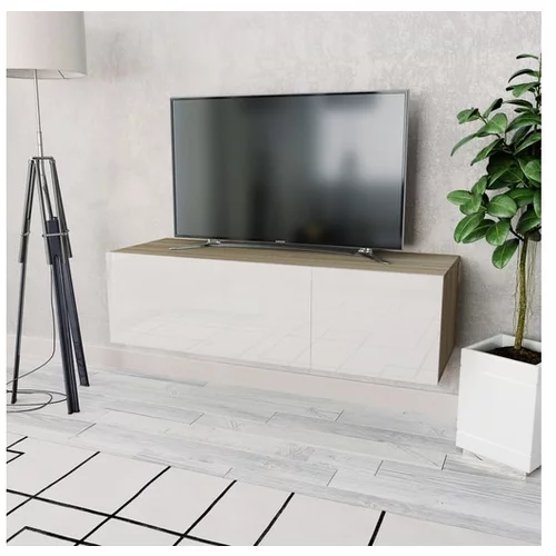  TV omarica iverna plošča 120x40x34 cm visok sijaj bela in hrast