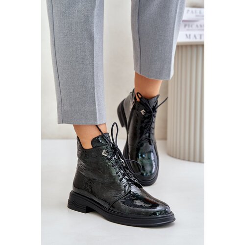 Kesi Leather patent leather women's ankle boots insulated with D&A dark green zip Cene