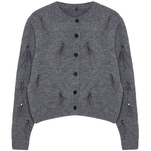 Trendyol Limited Edition Anthracite Stone and Feather Detailed Knitwear Cardigan