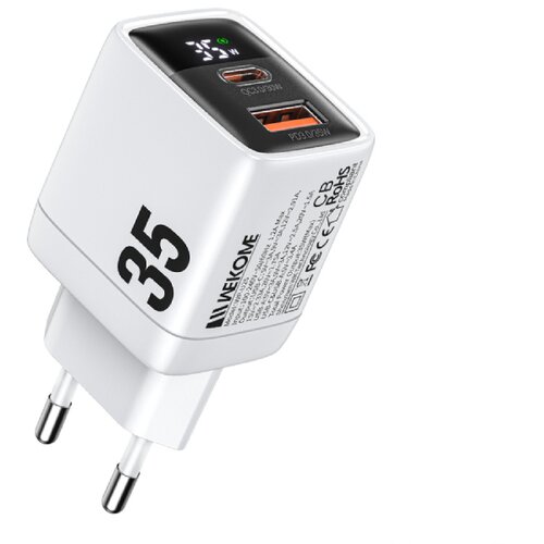 WEKOME WP-U25 Super brzi Strujni GaN Punjač, 2-porta USB (3.0 i 3.1 Tip-C) 35W, sa displejom, beli Slike
